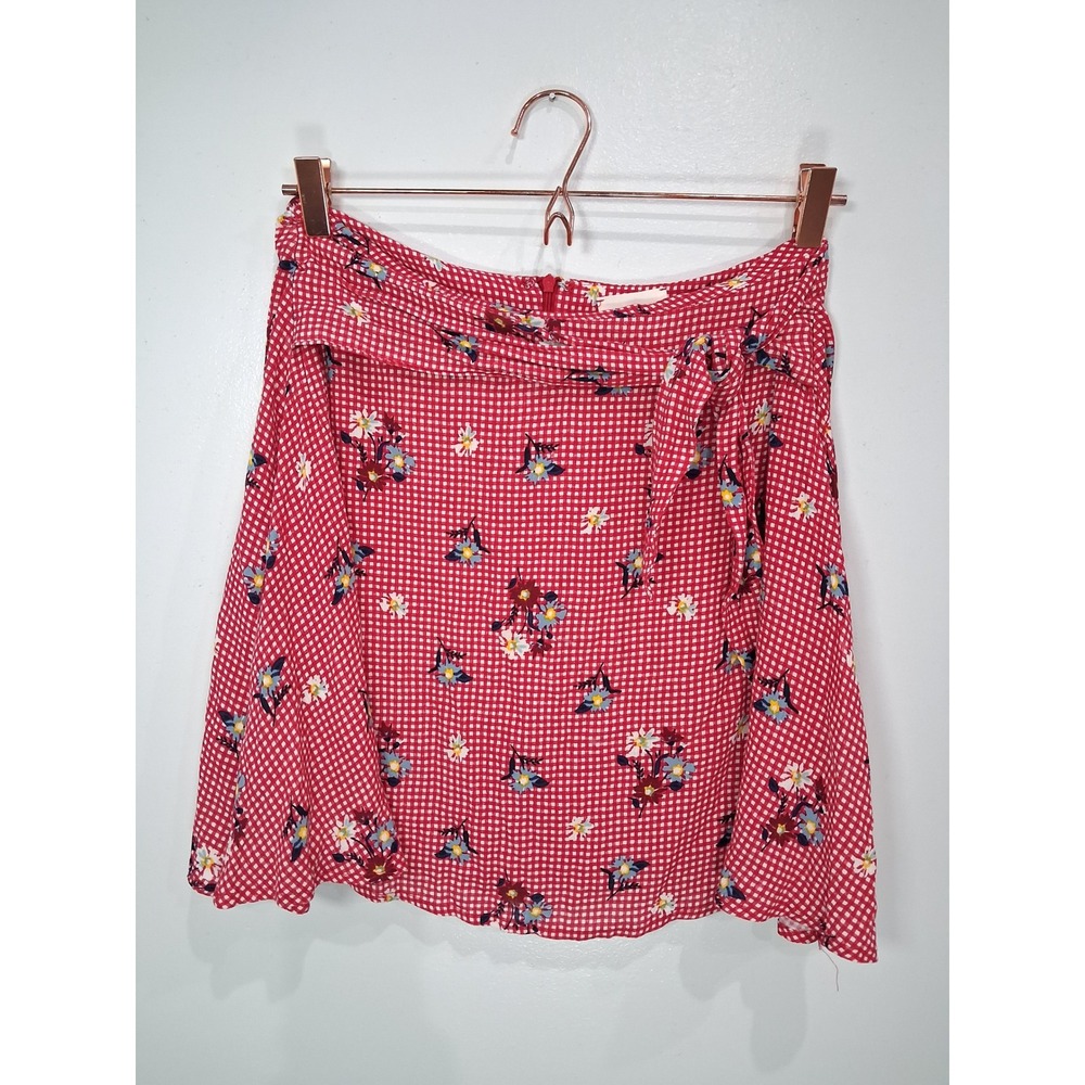 Everly Red Gingham Floral Mini Skirt Front‎ Tie High Waist Small SK6917